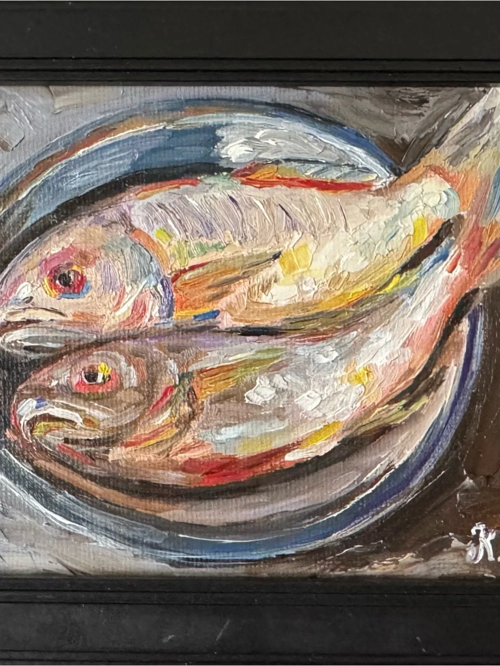 Original oil painting still life fishes signed framed 4x6 inches